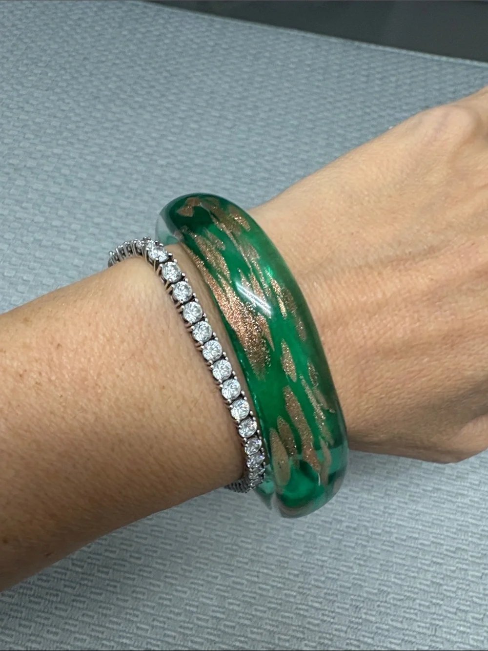 Green and Gold Glass Bangle Bracelet - Women Jewelry